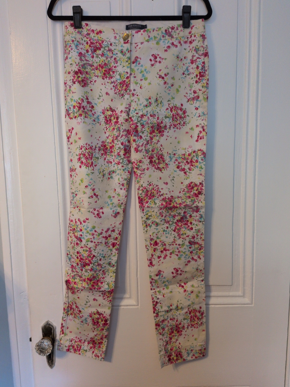 Floral Cream Ankle Pants with Pink & Multicolor Detail